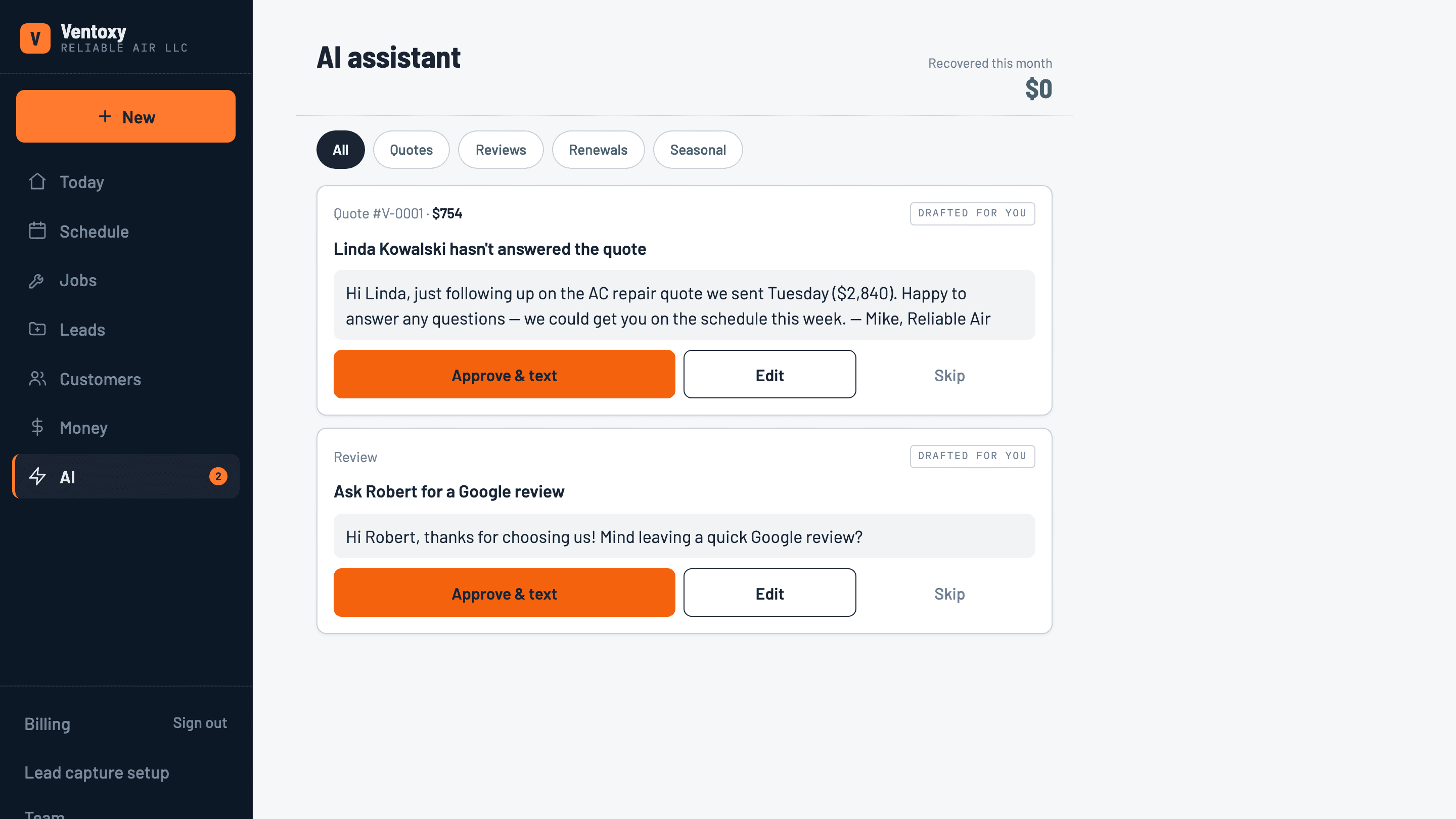 AI Action Queue in the live Ventoxy app
