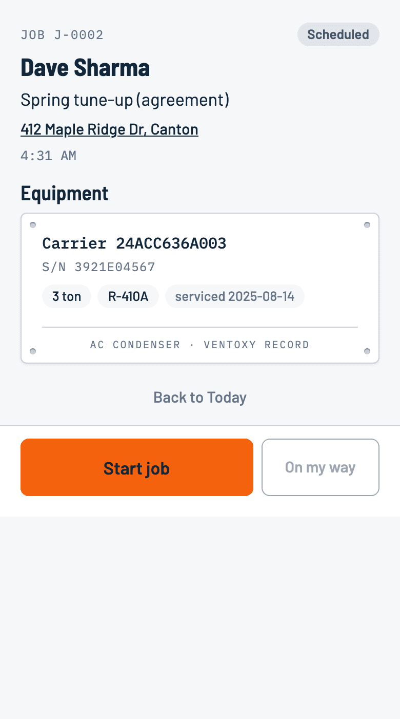 Equipment records in the live Ventoxy app