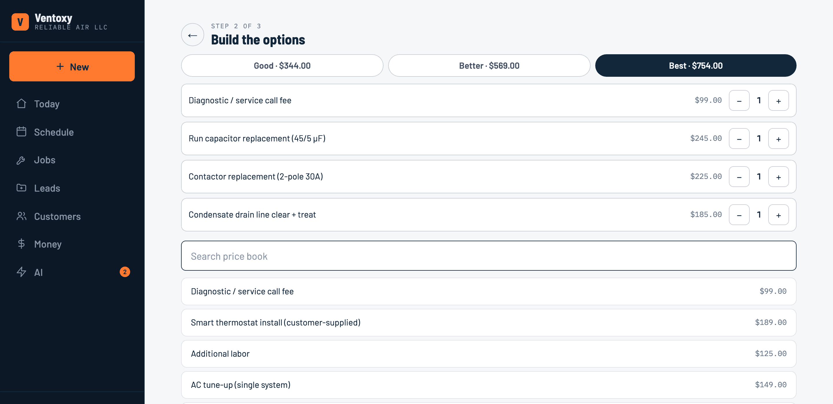 Quote Builder in the live Ventoxy app