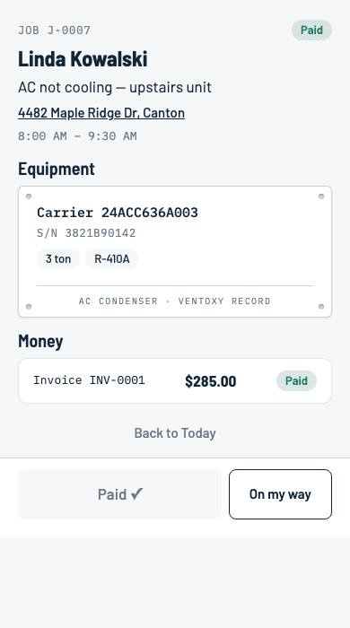 Equipment records in the live Ventoxy app